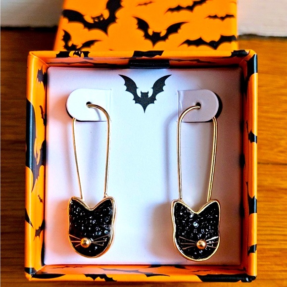 Bella and Jack Jewelry - Black Cat Safety Pin Earrings, Gold, Crystal Pave Stones NWT, Halloween